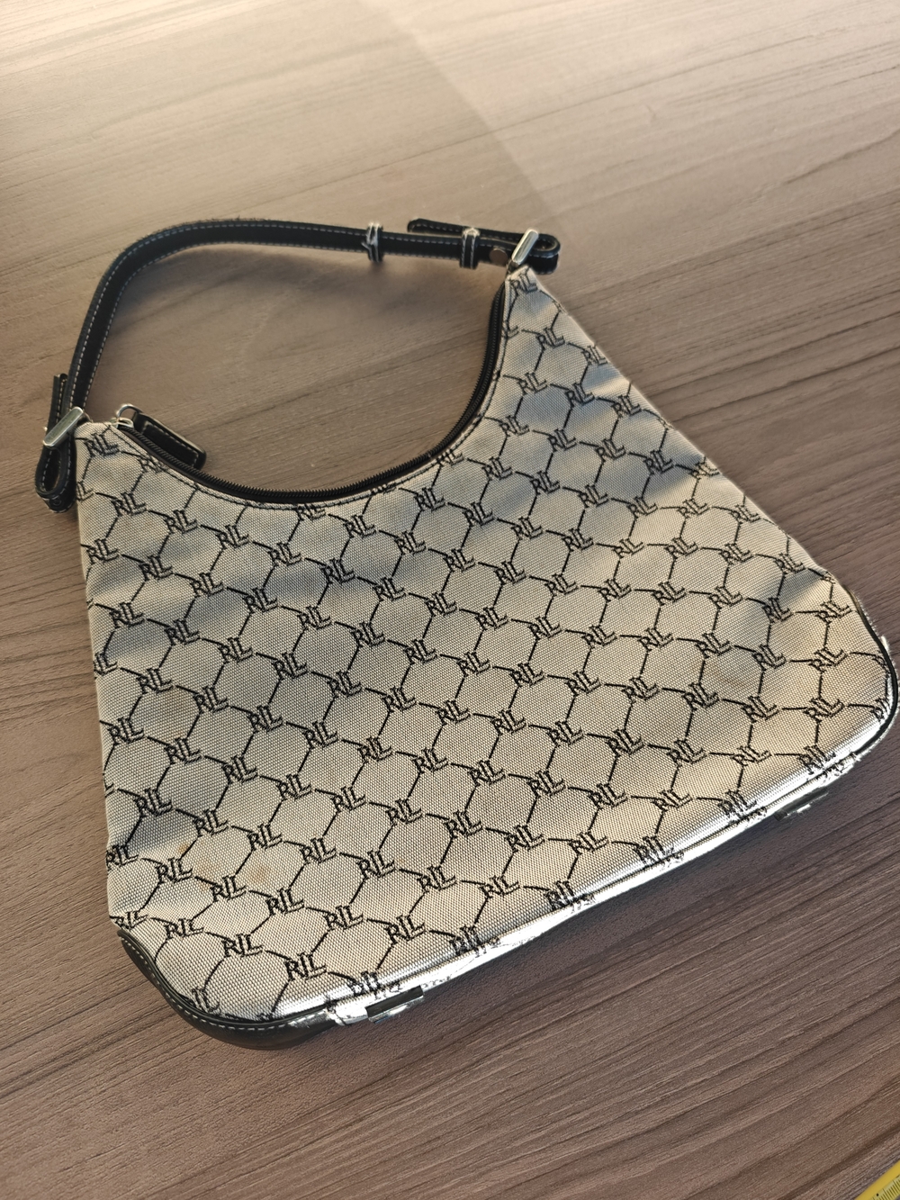 Ralph Lauren Tan Monogram Canvas Shoulder Bag with Black Trim